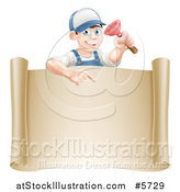 Vector Illustration of a Brunette Male Plumber Holding a Plunger and Pointing down at a Scroll Sign by AtStockIllustration