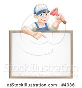 Vector Illustration of a Brunette Male Plumber Holding a Plunger and Pointing down at a White Board Sign by AtStockIllustration