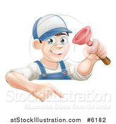 Vector Illustration of a Brunette White Male Plumber Holding a Plunger over a Sign by AtStockIllustration