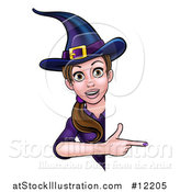 Vector Illustration of a Brunette Witch Pointing Around a Halloween Sign by AtStockIllustration