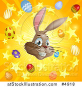 Vector Illustration of a Burst of Rays Stars Eggs and a Brown Easter Bunny by AtStockIllustration