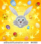 Vector Illustration of a Burst of Rays Stars Eggs and a Gray Easter Bunny by AtStockIllustration