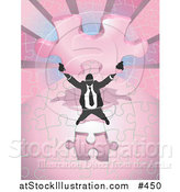 Vector Illustration of a Business Man Holding up a Final Piece to a Pink Jigsaw Puzzle Before Completing It by AtStockIllustration