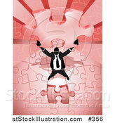 Vector Illustration of a Business Man Holding up the Final Piece of a Red Jigsaw Puzzle Before Completing It by AtStockIllustration