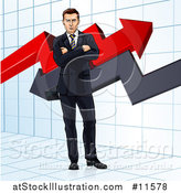 Vector Illustration of a Business Man Standing with Folded Arms in Front of Stock Market Arrows by AtStockIllustration