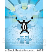 Vector Illustration of a Businessman Holding up the Final Piece to a Blue Jigsaw Puzzle Before Completing It by AtStockIllustration