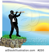 Vector Illustration of a Businessman Looking Through a Telescope Across a Waterscape by AtStockIllustration