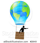 Vector Illustration of a Businessman Pointing and Floating in a World Hot Air Balloon by AtStockIllustration