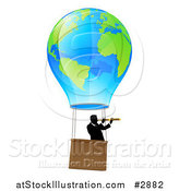 Vector Illustration of a Businessman Viewing Through a Spyglass in a World Hot Air Balloon by AtStockIllustration