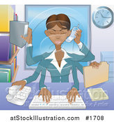 Vector Illustration of a Busy Multi Tasking African American Assistant Secretary Woman Typing, Filing, Organizing and Taking Phone Calls by AtStockIllustration