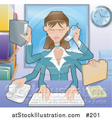 Vector Illustration of a Busy Multi Tasking Assistant Secretary Woman Typing, Filing, Organizing and Taking Phone Calls by AtStockIllustration