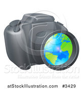 Vector Illustration of a Camera with a Globe in the Lens by AtStockIllustration