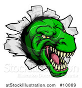 Vector Illustration of a Cartoon Angry Green Tyrannosaurus Rex Dino Head Breaking Through a Wall by AtStockIllustration