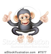 Vector Illustration of a Cartoon Black and Tan Happy Baby Chimpanzee Monkey Giving a Thumb up and Pointing by AtStockIllustration
