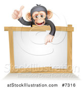 Vector Illustration of a Cartoon Black and Tan Happy Baby Chimpanzee Monkey Giving a Thumb up and Pointing down to a Blank White Sign by AtStockIllustration