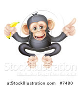 Vector Illustration of a Cartoon Black and Tan Happy Baby Chimpanzee Monkey Holding a Banana and Pointing by AtStockIllustration