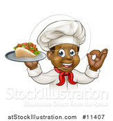 Vector Illustration of a Cartoon Black Male Chef Holding a Souvlaki Kebab Sandwich on a Tray and Gesturing Perfect by AtStockIllustration