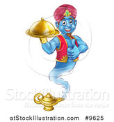 Vector Illustration of a Cartoon Blue Strong Blue Aladdin Genie Floating over a Lamp with a Cloche in Hand, Giving a Thumb up by AtStockIllustration