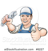 Vector Illustration of a Cartoon Brunette Caucasian Mechanic Man Holding an Adjustable Wrench and Thumb up over a Sign by AtStockIllustration