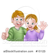 Vector Illustration of a Cartoon Casual Young Caucasian Couple Waving and Giving a Thumb up by AtStockIllustration