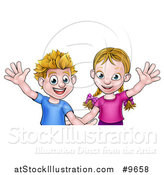 Vector Illustration of a Cartoon Caucasian Brother and Sister Waving by AtStockIllustration