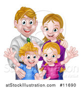 Vector Illustration of a Cartoon Caucasian Brother and Sister Waving with Their Mom and Dad by AtStockIllustration