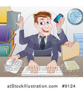 Vector Illustration of a Cartoon Caucasian Business Man Multi Tasking with Many Arms at His Office Desk by AtStockIllustration