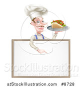 Vector Illustration of a Cartoon Caucasian Male Chef with a Curling Mustache, Holding a Kebab Sandwich on a Tray and Pointing down at a Blank Menu Sign by AtStockIllustration