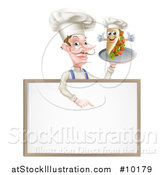 Vector Illustration of a Cartoon Caucasian Male Chef with a Curling Mustache, Holding a Kebab Sandwich on a Tray, Pointing down over a Blank Menu Sign by AtStockIllustration