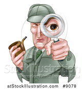 Vector Illustration of a Cartoon Caucasian Male Detective, like Sherlock Homes, Looking Through a Magnifying Glass and Holding a Pipe by AtStockIllustration
