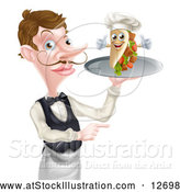 Vector Illustration of a Cartoon Caucasian Male Waiter Pointing and Holding a Kebab Sandwich on a Tray by AtStockIllustration