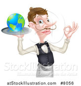 Vector Illustration of a Cartoon Caucasian Male Waiter with a Curling Mustache, Gesturing Ok and Holding Earth on a Tray by AtStockIllustration