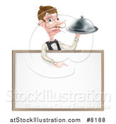 Vector Illustration of a Cartoon Caucasian Male Waiter with a Curling Mustache, Holding a Cloche Platter over a Blank White Menu Sign by AtStockIllustration