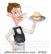 Vector Illustration of a Cartoon Caucasian Male Waiter with a Curling Mustache, Holding a Cupcake on a Tray by AtStockIllustration