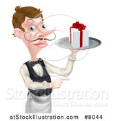 Vector Illustration of a Cartoon Caucasian Male Waiter with a Curling Mustache, Holding a Gift on a Platter and Pointing by AtStockIllustration