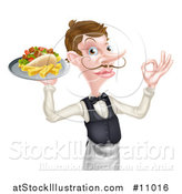 Vector Illustration of a Cartoon Caucasian Male Waiter with a Curling Mustache, Holding a Kebab Sandwich and Fries on a Tray and Gesturing Okay by AtStockIllustration