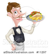 Vector Illustration of a Cartoon Caucasian Male Waiter with a Curling Mustache, Holding a Kebab Sandwich and Fries on a Tray by AtStockIllustration