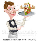 Vector Illustration of a Cartoon Caucasian Male Waiter with a Curling Mustache, Holding a Kebab Sandwich Character on a Tray and Pointing by AtStockIllustration