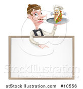 Vector Illustration of a Cartoon Caucasian Male Waiter with a Curling Mustache, Holding a Kebab Sandwich Character on a Tray, Pointing down over a Blank Sign by AtStockIllustration