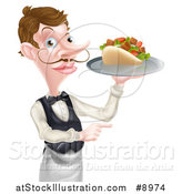 Vector Illustration of a Cartoon Caucasian Male Waiter with a Curling Mustache, Holding a Kebab Sandwich on a Tray and Pointing by AtStockIllustration