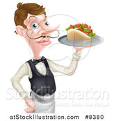 Vector Illustration of a Cartoon Caucasian Male Waiter with a Curling Mustache, Holding a Kebab Sandwich on a Tray by AtStockIllustration