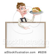 Vector Illustration of a Cartoon Caucasian Male Waiter with a Curling Mustache, Holding a Kebab Sandwich on a Tray, Pointing down over a Blank Sign by AtStockIllustration