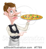 Vector Illustration of a Cartoon Caucasian Male Waiter with a Curling Mustache, Holding a Pizza on a Tray and Pointing by AtStockIllustration