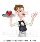 Vector Illustration of a Cartoon Caucasian Male Waiter with a Curling Mustache, Holding a Red Love Heart on a Tray and Gesturing Ok by AtStockIllustration