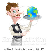 Vector Illustration of a Cartoon Caucasian Male Waiter with a Curling Mustache, Holding Earth on a Tray and Pointing by AtStockIllustration