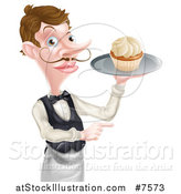 Vector Illustration of a Cartoon Caucasian Male Waiter with a Curling Mustache, Pointing and Holding a Cupcake on a Tray by AtStockIllustration