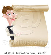 Vector Illustration of a Cartoon Caucasian Male Waiter with a Curling Mustache, Pointing Around a Blank Scroll Sign by AtStockIllustration