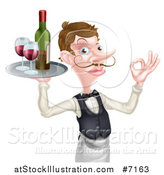 Vector Illustration of a Cartoon Caucasian Male Water with a Curling Mustache, Gesturing Ok, and Holding Red Wine on a Tray by AtStockIllustration