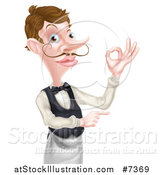 Vector Illustration of a Cartoon Caucasian Male Water with a Curling Mustache, Gesturing Ok and Poiting by AtStockIllustration