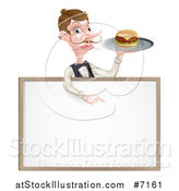 Vector Illustration of a Cartoon Caucasian Male Water with a Curling Mustache, Holding a Burger on a Tray and Pointing down over a White Sign by AtStockIllustration